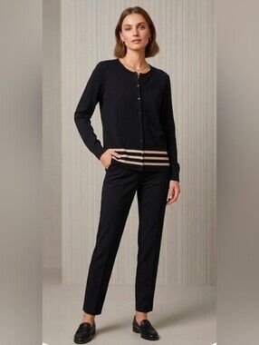 Rena Rowan Women Silk Blend Cardigan -Black Stripe Detail Long Sleeve Sizr Large